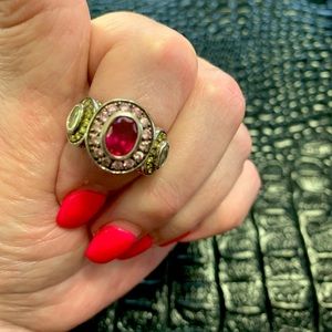 Sz 7 ring with dark pink, yellow stones